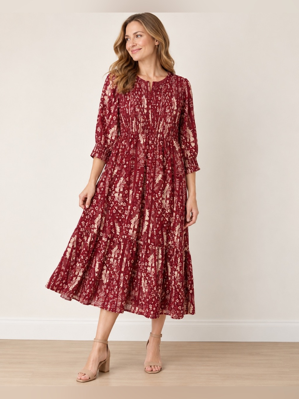 Soft Surroundings Size 10 Burgundy Floral Smocked Boho Midi Maxi Dress